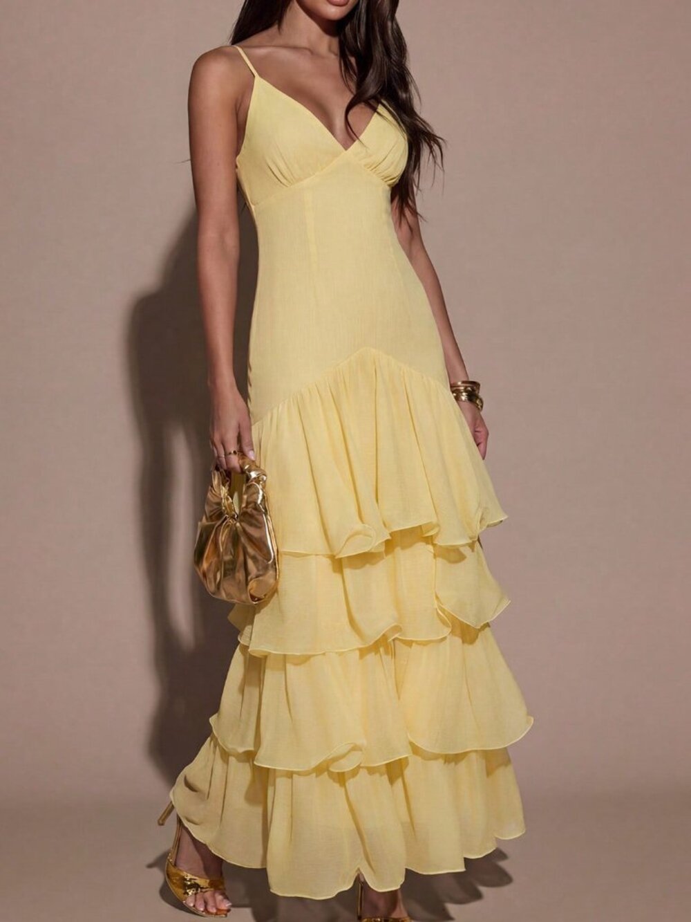 Yellow Sexy Women's Layered Ruffle Hem Spaghetti Strap Dress - Picture 7 of 7